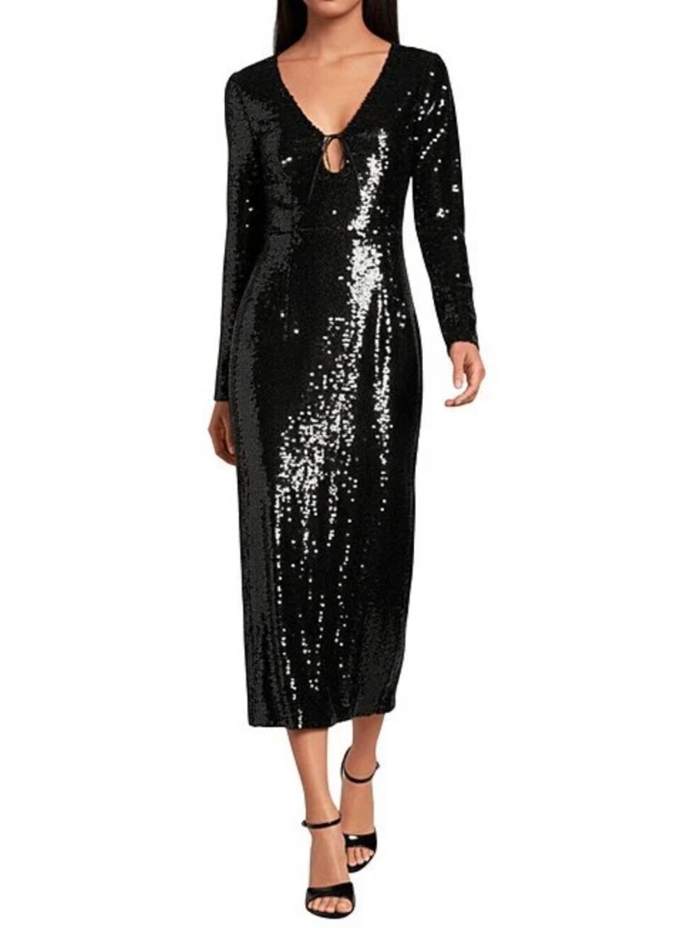 GIANNI BINI Ella sequin black V-neck long sleeve slip midi dress size 4 NWT